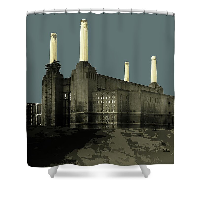 Wheel Shower Curtain featuring the painting London - Battersea Power Station - Soft Blue Greys #1 by BFA Prints