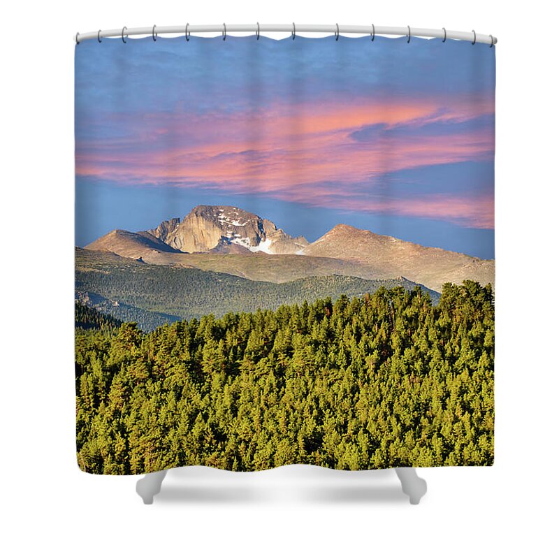 Beauty In Nature Shower Curtain featuring the photograph Longs Peak at Sunrise by Jeff Goulden