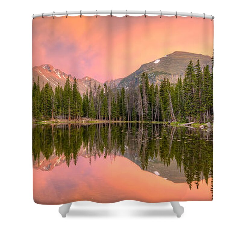 Sunset Shower Curtain featuring the photograph Long's Peak from Nymph Lake at Sunset #1 by Fred J Lord