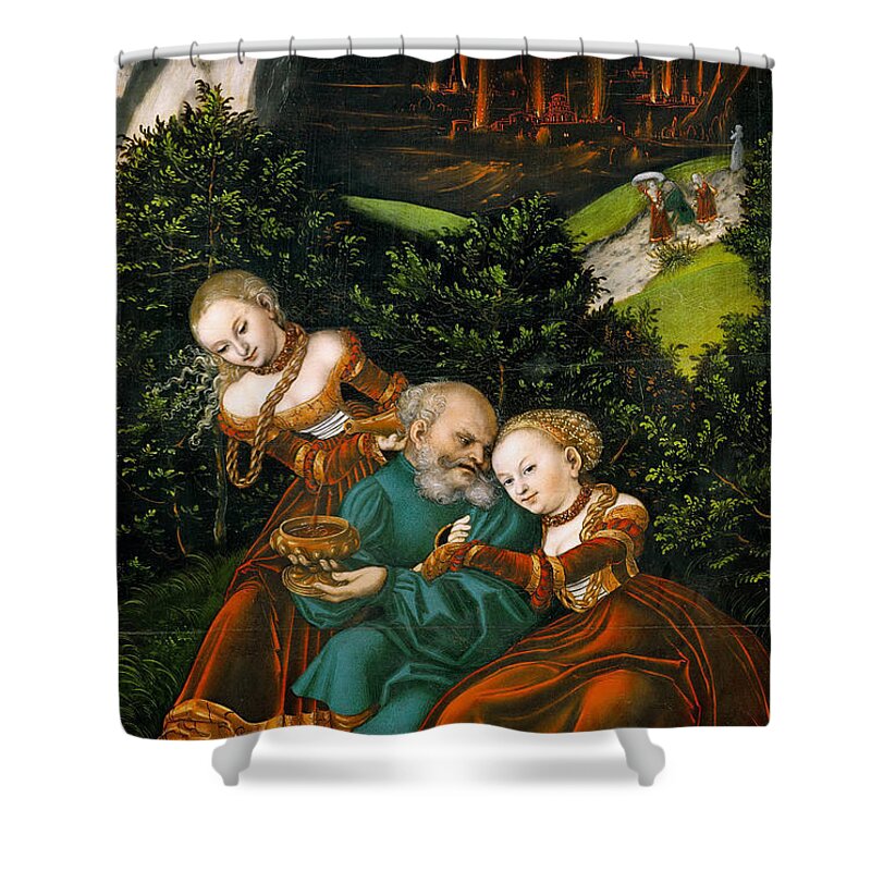 Lucas Cranach The Elder Shower Curtain featuring the painting Lot and his Daughters #2 by Lucas Cranach the Elder