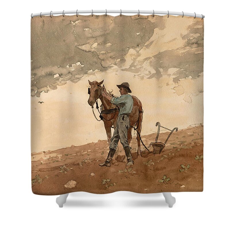 Winslow Homer Shower Curtain featuring the drawing Man with Plow Horse by Winslow Homer
