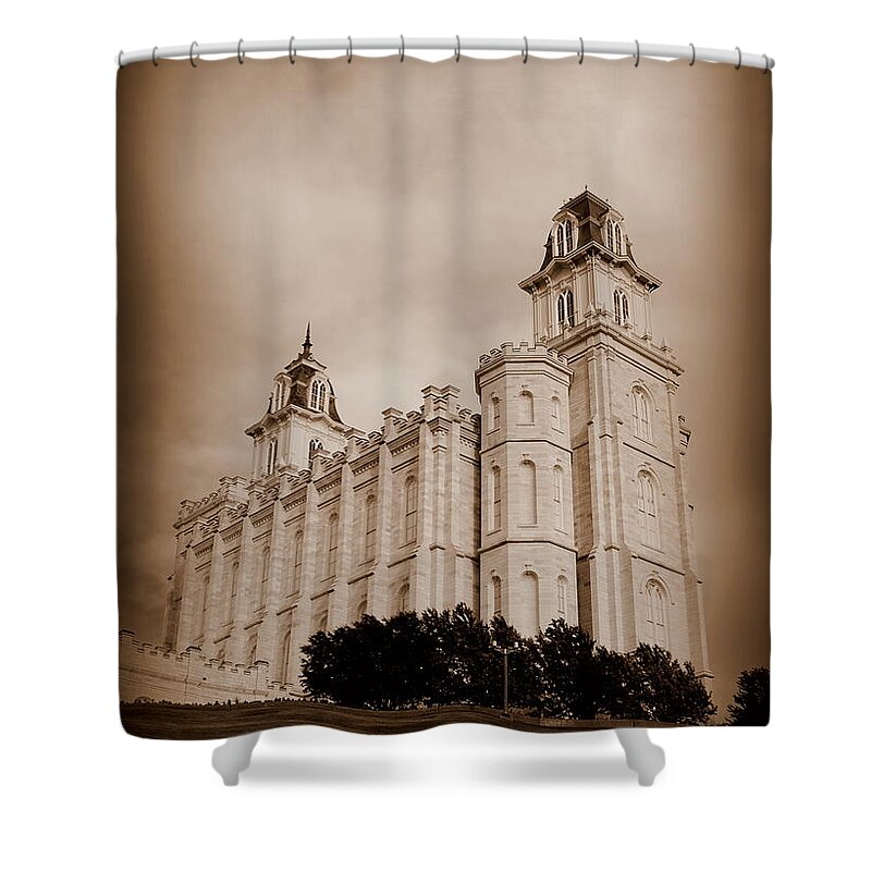 Temple Shower Curtain featuring the photograph Manti Utah LDS Temple Sepia #1 by Nathan Abbott