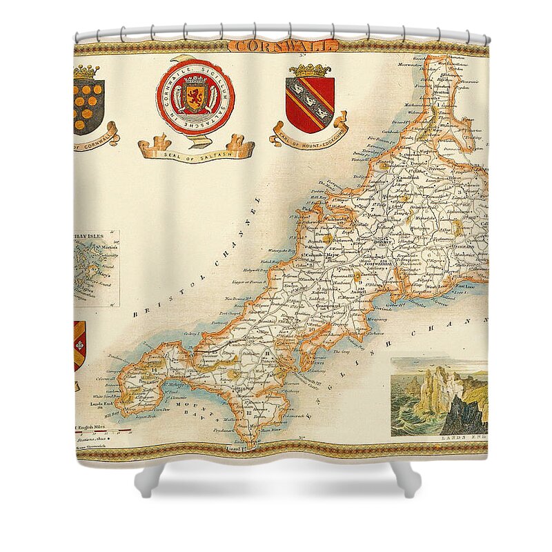 Map Of Cornwall Shower Curtain featuring the photograph Map Of Cornwall 1850 #1 by Andrew Fare
