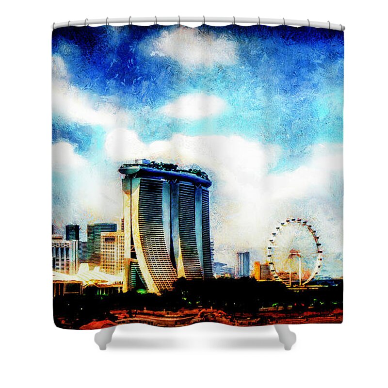 Shower Curtain featuring the mixed media Marina Bay Sands #1 by Joseph Hollingsworth