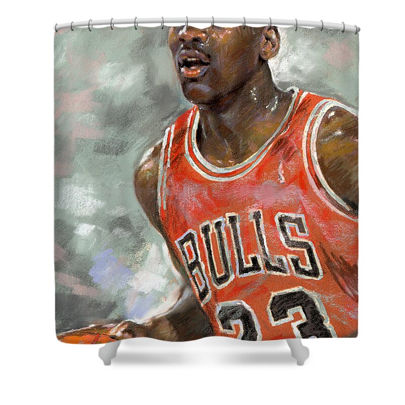 Michel Jordan Shower Curtain featuring the pastel Michael Jordan by Ylli Haruni