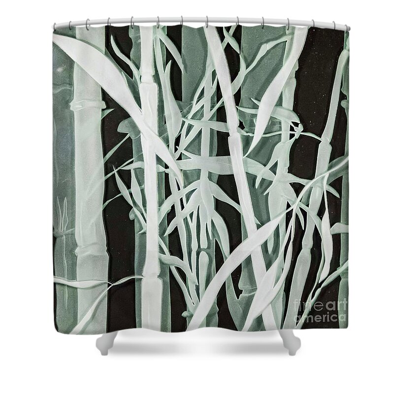 Carved Glass Shower Curtain featuring the glass art Midnight Bamboo by Alone Larsen