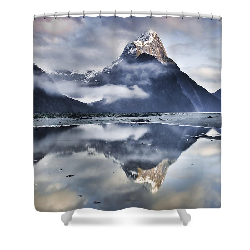 00438708 Shower Curtain featuring the photograph Mitre Peak Reflecting In Milford Sound by Colin Monteath