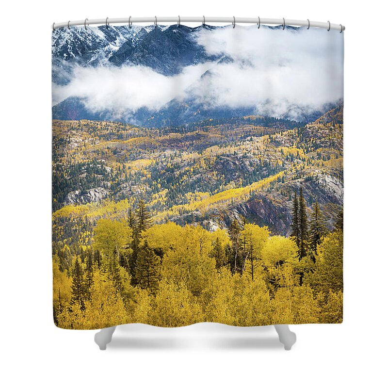 Aspens Shower Curtain featuring the photograph Mountain Clouds in Autumn by Jen Manganello