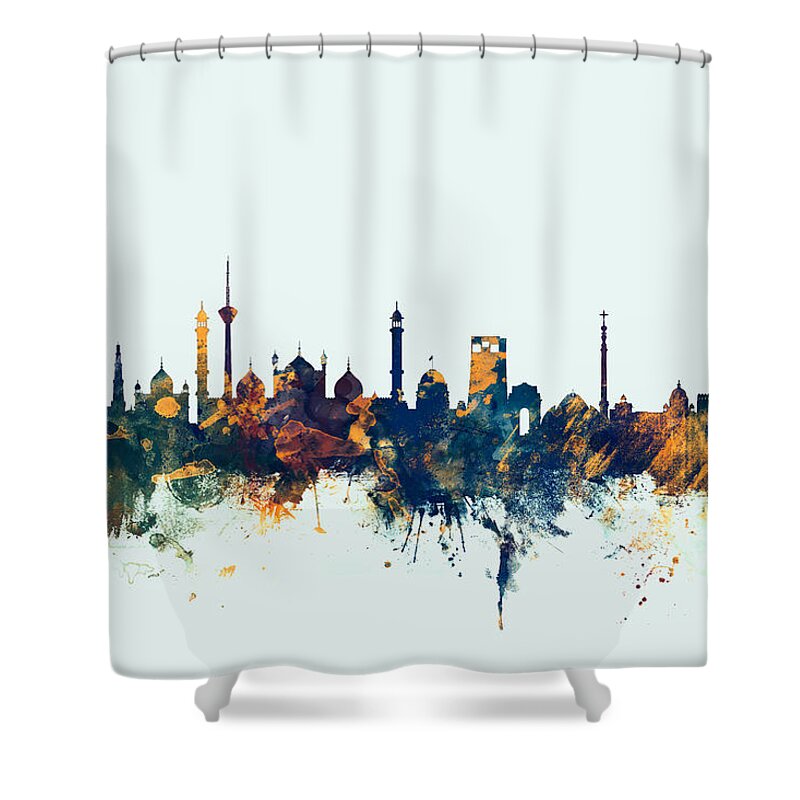 Watercolour Shower Curtain featuring the digital art New Delhi India Skyline by Michael Tompsett