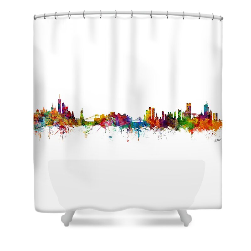 Boston Shower Curtain featuring the digital art New York And Boston Skyline Mashup by Michael Tompsett
