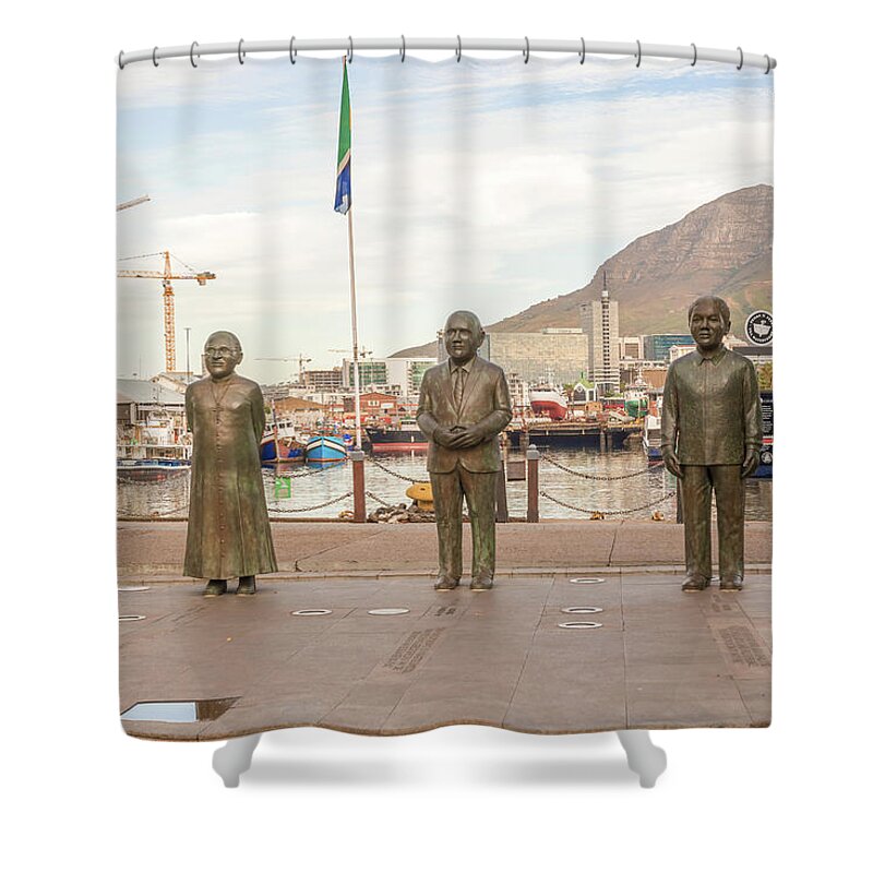 Bronze Shower Curtain featuring the photograph Nobel Square at waterfront in Cape Town with the four statues of #1 by Marek Poplawski