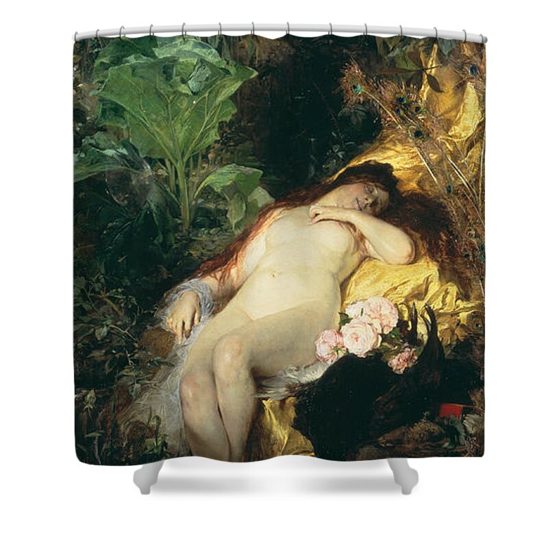 Julius Kronberg Shower Curtain featuring the painting Nymph and Fauns #1 by Julius Kronberg