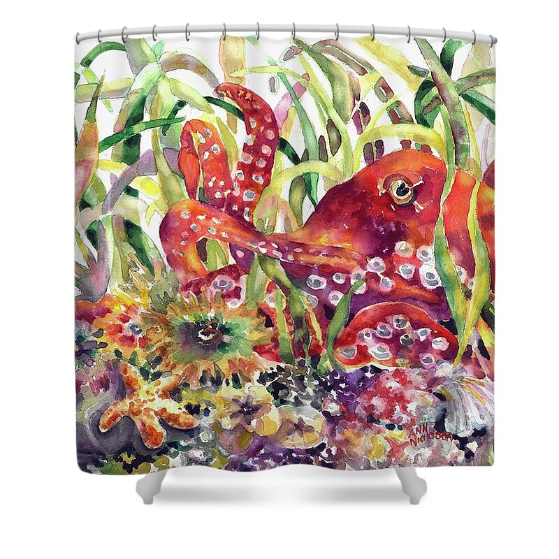 Bright Shower Curtain featuring the painting Octopus Garden #1 by Ann Nicholson