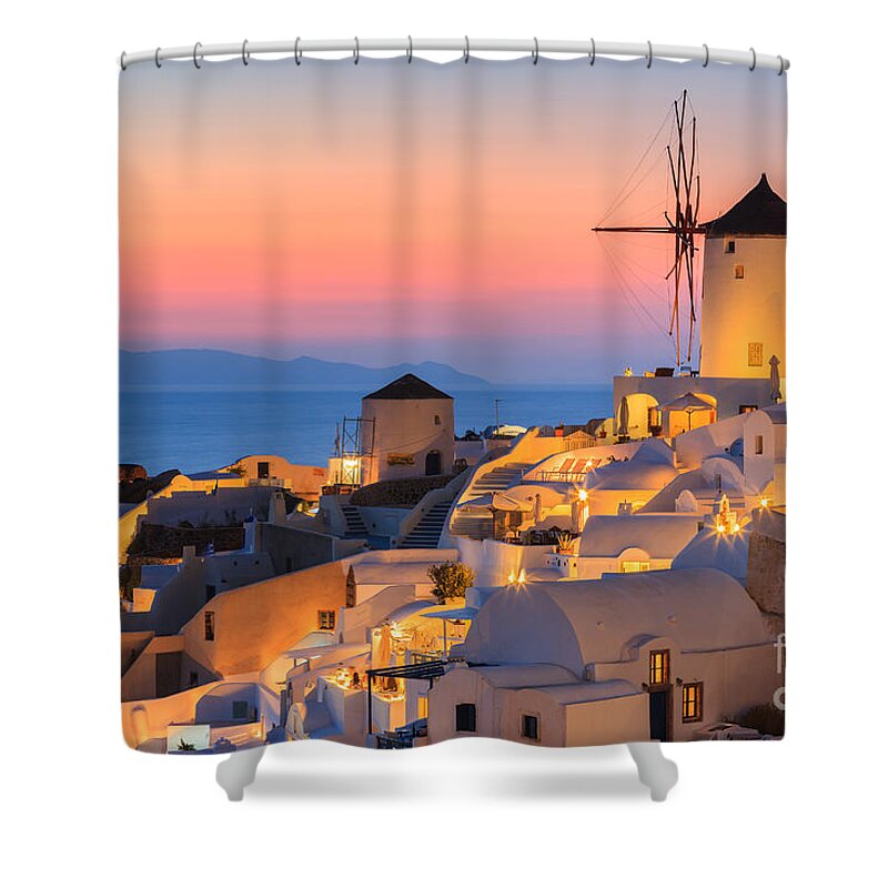 Greece Shower Curtain featuring the photograph Oia on Santorini at Sunset #1 by Henk Meijer Photography