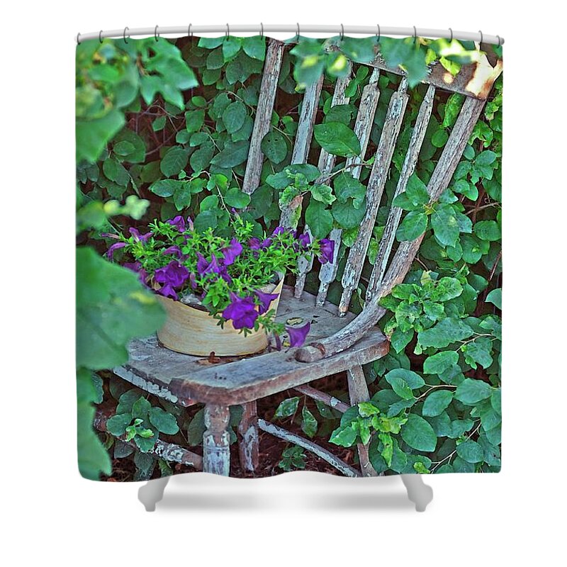 Rustic Shower Curtain featuring the photograph Old Chair New Petunias by Amanda Smith