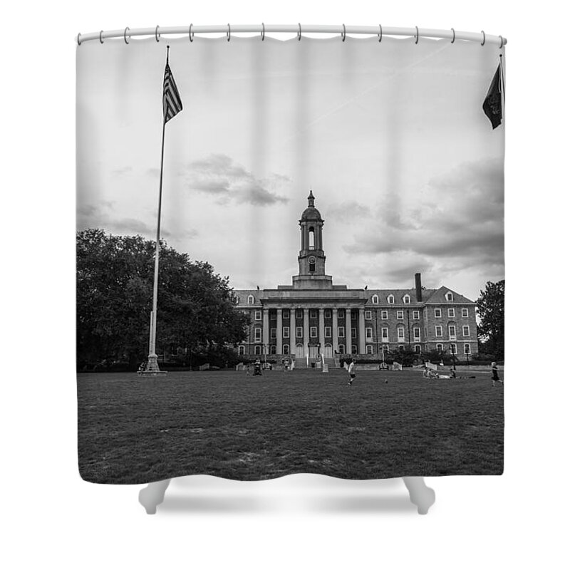 Penn State Shower Curtain featuring the photograph Old Main Penn State Black and White #1 by John McGraw