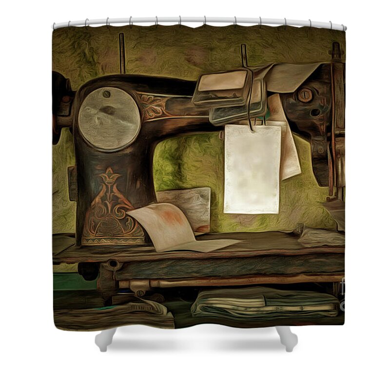 Antique Shower Curtain featuring the digital art Old Sewing Machine #1 by Michal Boubin