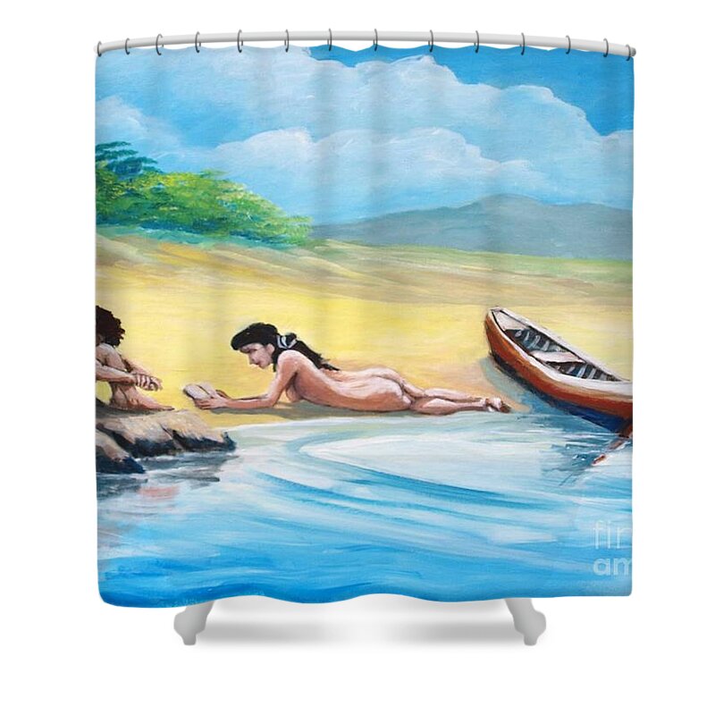 Beach Shower Curtain featuring the painting On the beach #1 by Jean Pierre Bergoeing
