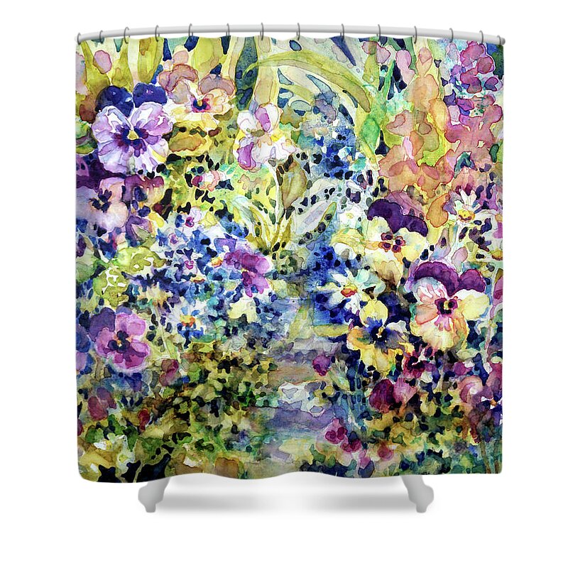 Watercolor Shower Curtain featuring the painting Pansy Path #1 by Ann Nicholson