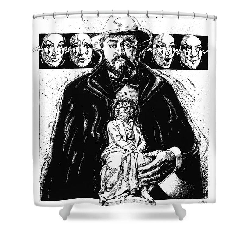 Pavarotti Shower Curtain featuring the drawing Pavarotti, Fidelio, inking #1 by Garth Glazier