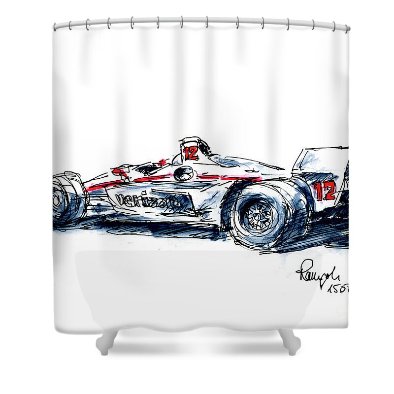 Penske Shower Curtain featuring the drawing Penske Racing Indycar Ink Drawing and Watercolor by Frank Ramspott
