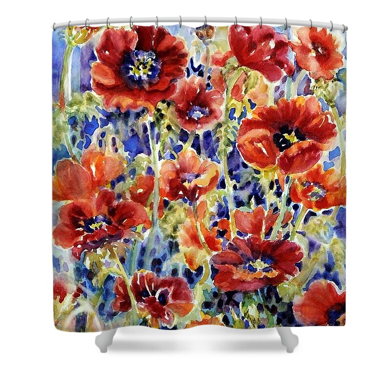 Watercolor Painting Shower Curtain featuring the painting Picket Fence Poppies #1 by Ann Nicholson