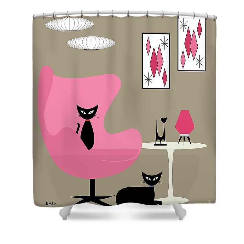  Shower Curtain featuring the digital art Pink Egg Chair with Two Cats by Donna Mibus
