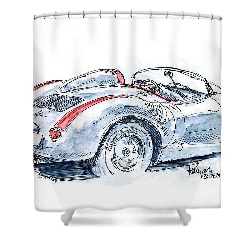 Porsche Shower Curtain featuring the drawing Porsche 550 Spyder Fountain Pen Ink Drawing by Frank Ramspott
