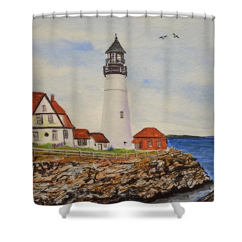 Portland Headlight Shower Curtain featuring the painting Portland Headlight by Kellie Chasse