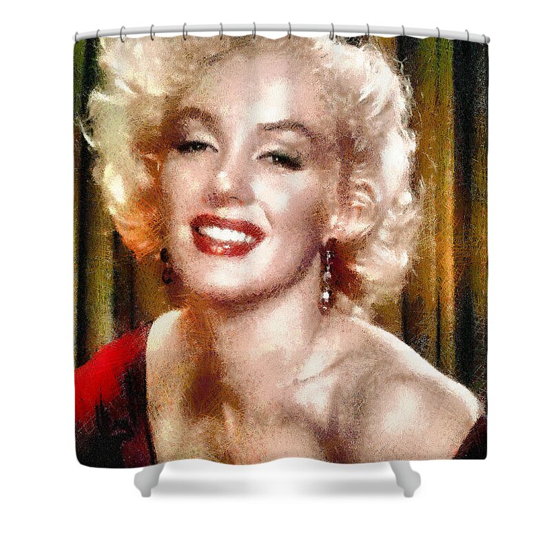 Portrait Shower Curtain featuring the digital art Portrait of Marilyn Monroe #2 by Charmaine Zoe