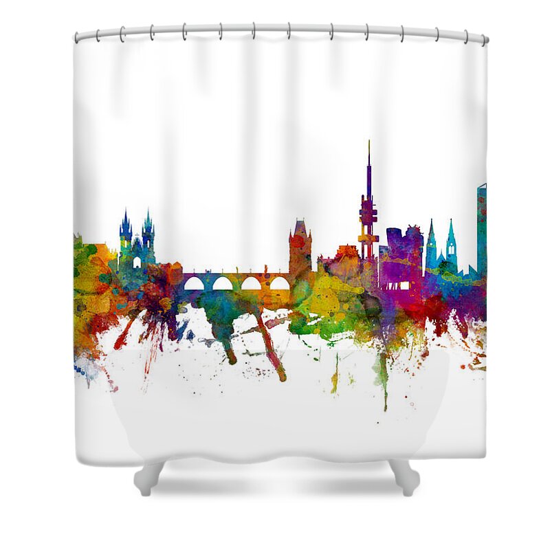 Czech Republic Shower Curtain featuring the digital art Prague Praha Czech Republic Skyline by Michael Tompsett