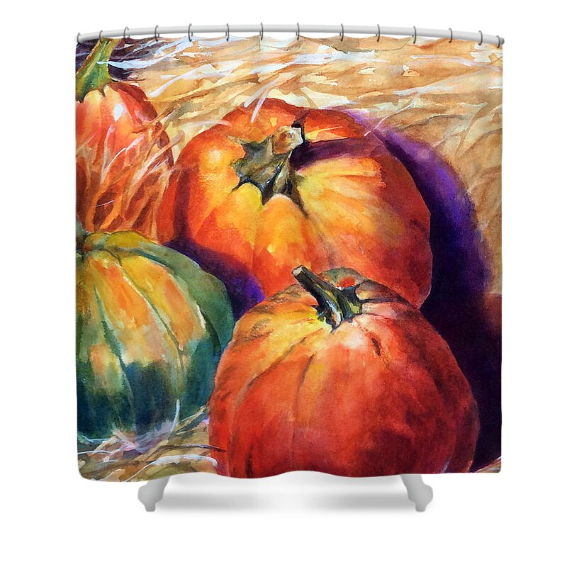 Pumpkins Shower Curtain featuring the painting Pumpkins In Barn #2 by Hilda Vandergriff