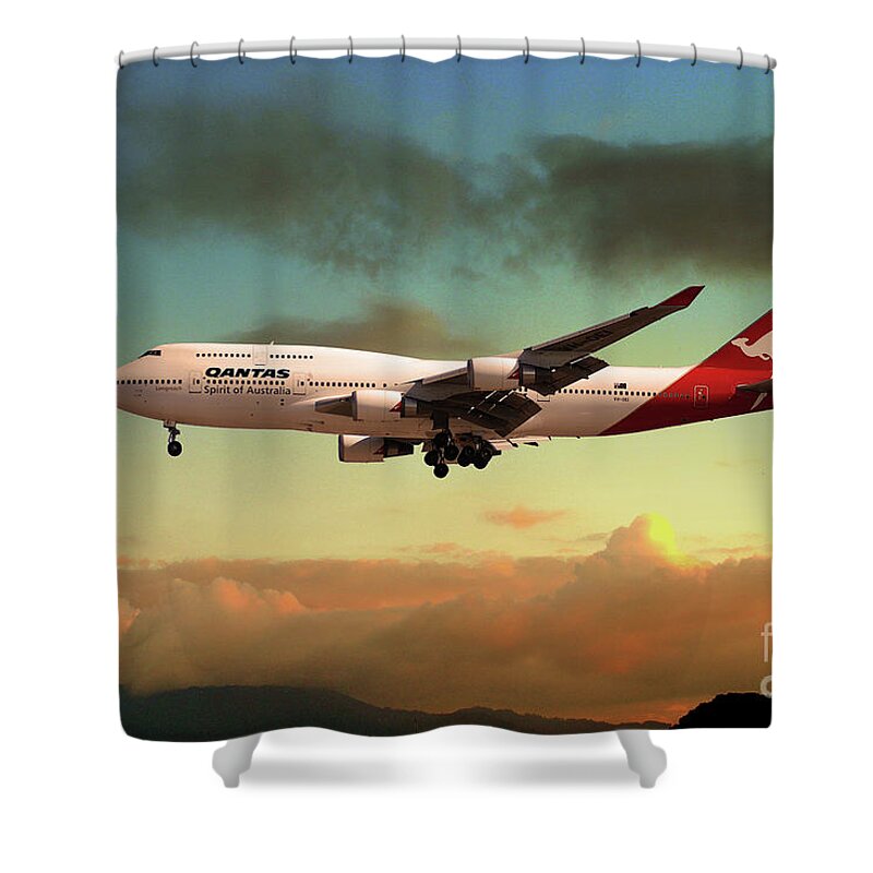 Qantas Shower Curtain featuring the digital art Qantas Boeing 747 by Airpower Art