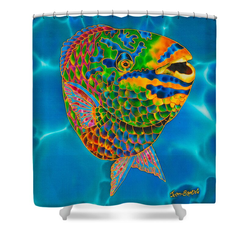 Diving Shower Curtain featuring the painting Queen Parrotfish by Daniel Jean-Baptiste