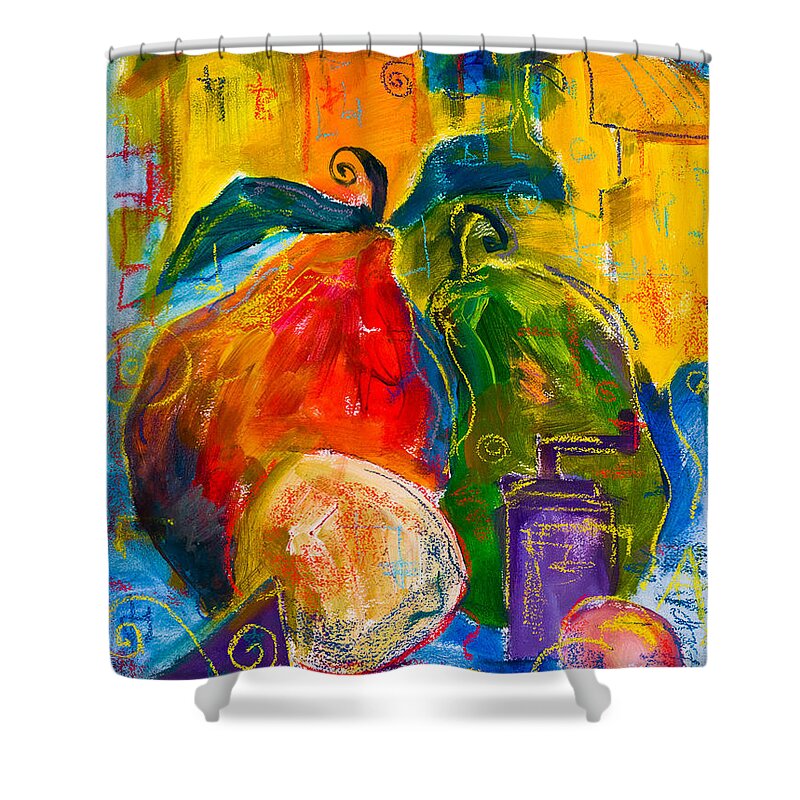 Pears Shower Curtain featuring the painting Red and Green Pears by Maxim Komissarchik