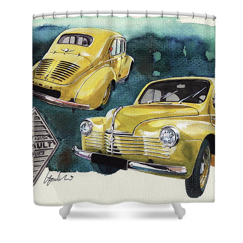 Renault Shower Curtain featuring the painting Renault 4CV by Yoshiharu Miyakawa