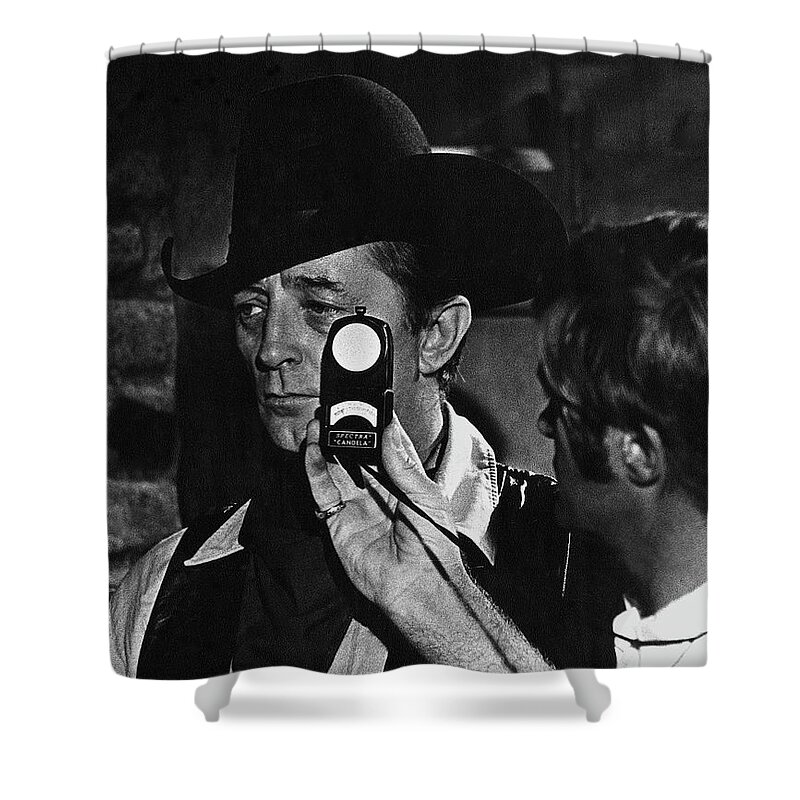 Robert Mitchum Cinematographer Harry Stradling Shower Curtain featuring the photograph Robert Mitchum Cinematographer Harry Stradling, Jr. Young Billy Young Set Old Tucson Az 1968 #1 by David Lee Guss