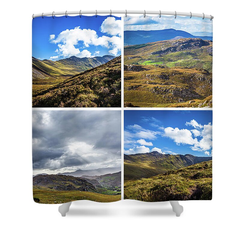 Blackvalley Shower Curtain featuring the photograph Postcard of Rock formation landscape with clouds and sun rays in Ireland by Semmick Photo