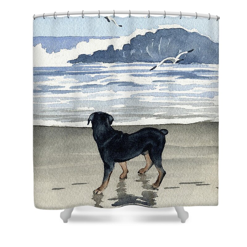 Rottweiler Shower Curtain featuring the painting Rottweiler at the Beach #2 by David Rogers