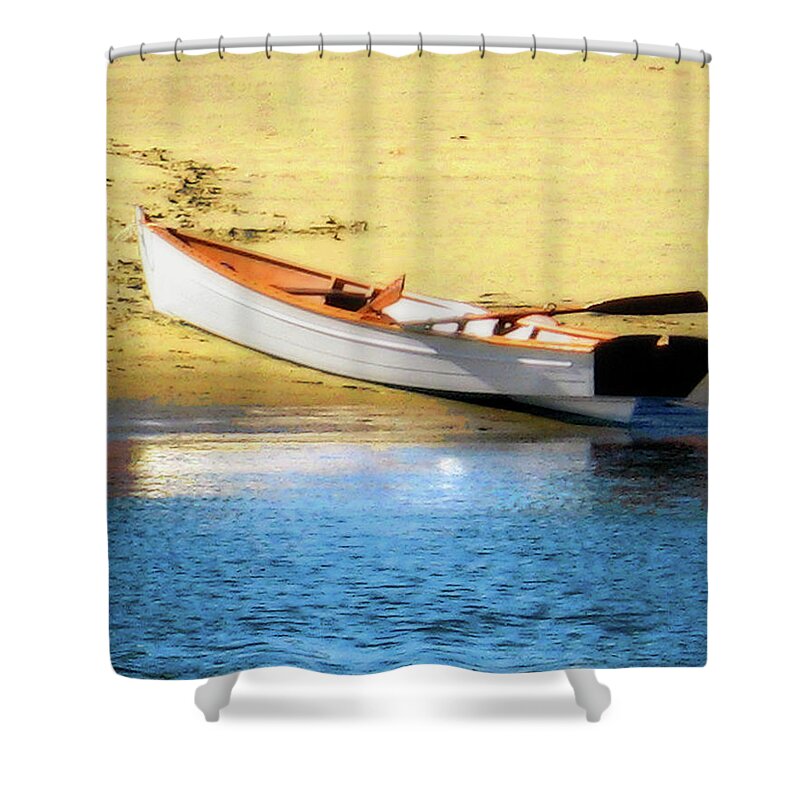 Rowboat Shower Curtain featuring the photograph Rowboat at Mother's Beach #1 by Timothy Bulone
