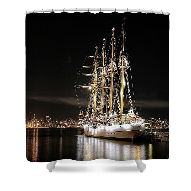 Alex Lyubar Shower Curtain featuring the photograph Sailing ship at the pier by Alex Lyubar