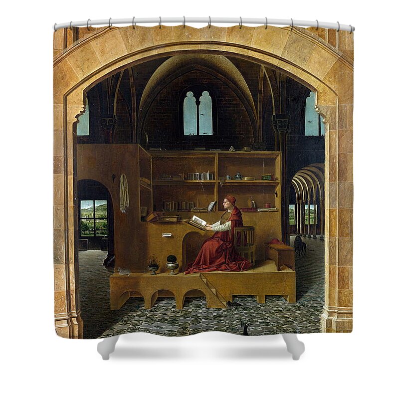 Antonello Da Messina Shower Curtain featuring the painting Saint Jerome in his Study #1 by Celestial Images