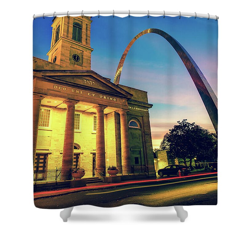America Shower Curtain featuring the photograph Saint Louis Arch and Cathedral at Dawn #1 by Gregory Ballos