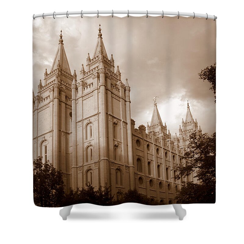Temple Shower Curtain featuring the photograph Salt Lake City LDS Temple Sepia #1 by Nathan Abbott