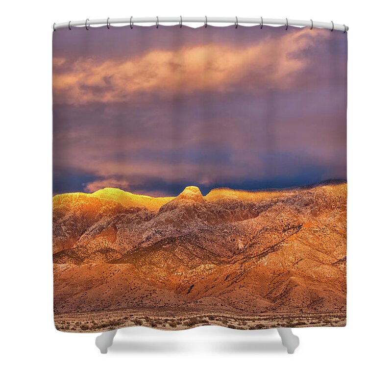 Sandia Crest Shower Curtain featuring the photograph Sandia Crest Stormy Sunset #1 by Alan Vance Ley
