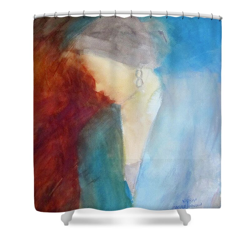Blue Shower Curtain featuring the painting Sarah's Blue Suit #1 by Carole Johnson
