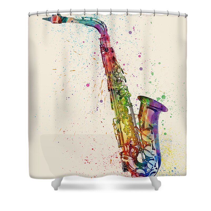Saxophone Shower Curtain featuring the digital art Saxophone Abstract Watercolor by Michael Tompsett