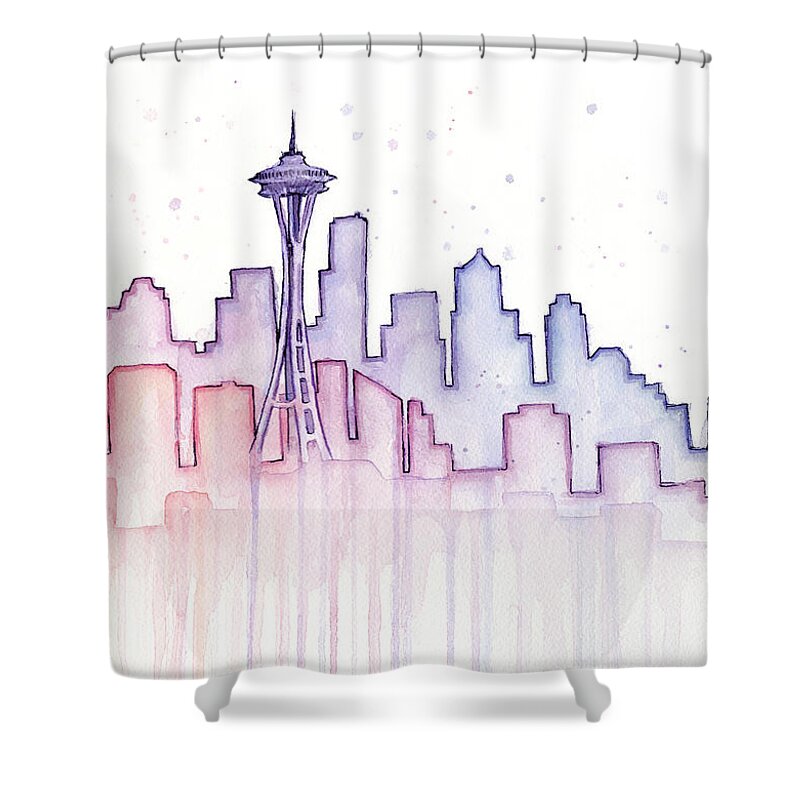 Watercolor Shower Curtain featuring the painting Seattle Skyline Watercolor by Olga Shvartsur