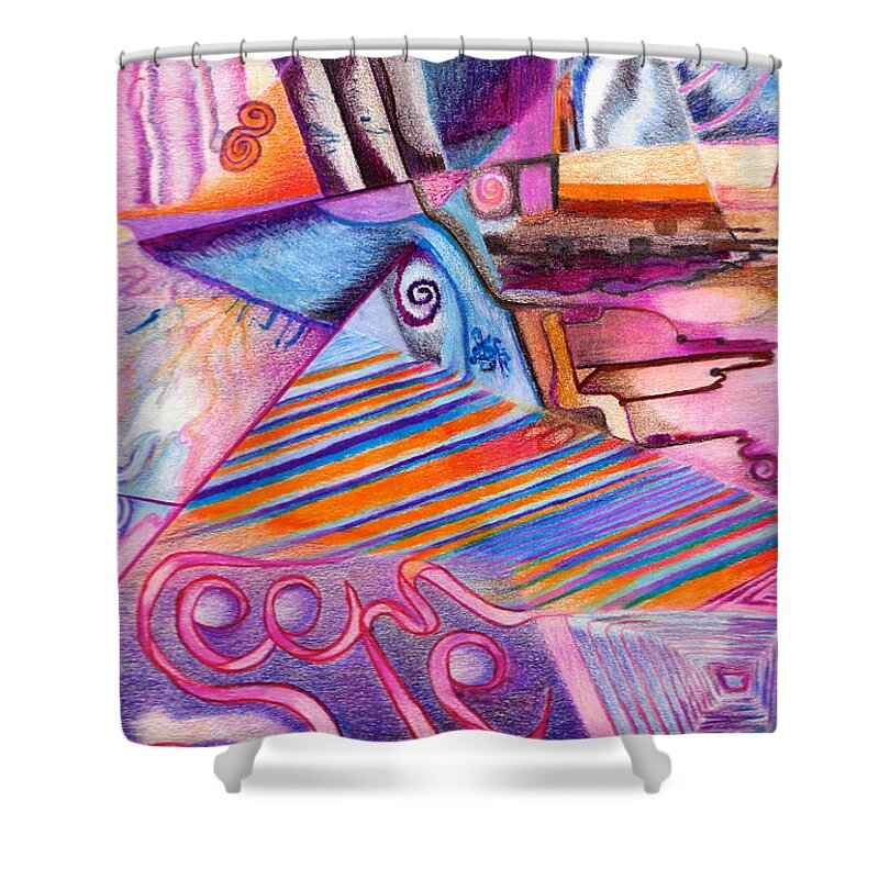 Abstract Imaginary Pink Purple Orange Colored Pencils Shower Curtain featuring the drawing See Me Evaporate #1 by Suzanne Udell Levinger