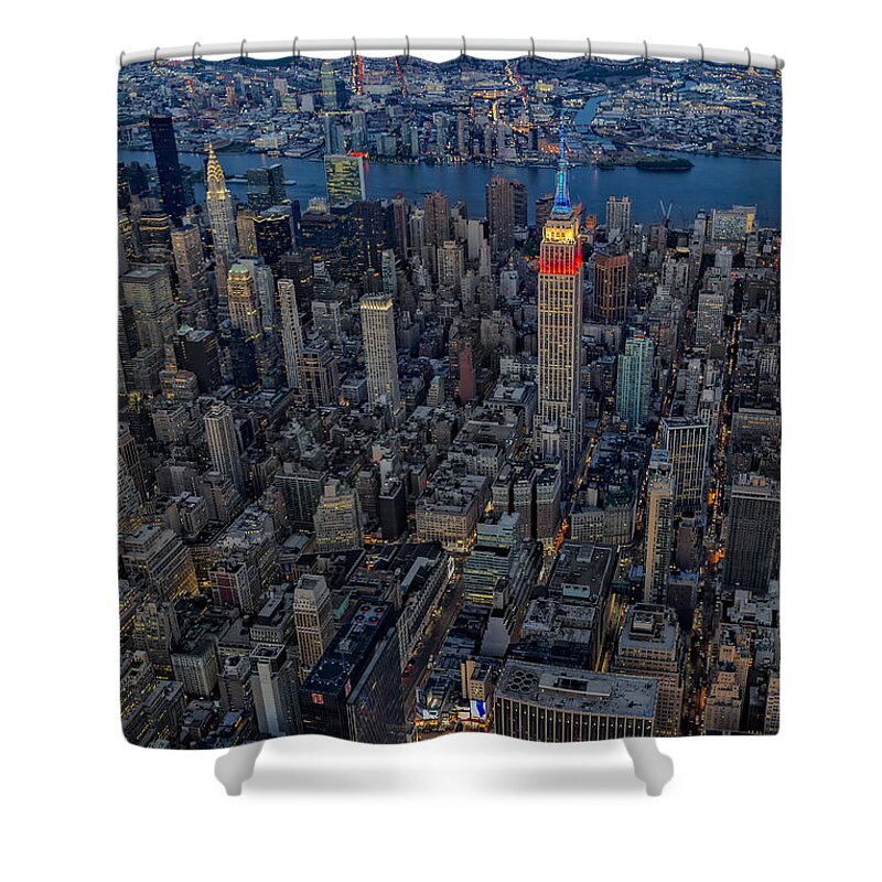 Aerial View Shower Curtain featuring the photograph September 11 NYC Tribute by Susan Candelario
